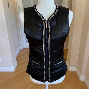 White House Black Market Black Quilted Vest with Gold Chain Accents
